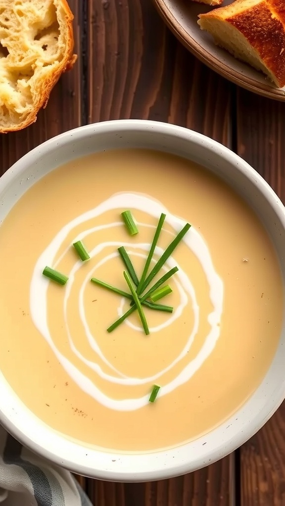 A creamy bowl of cauliflower soup garnished with chives, accompanied by crusty bread on a rustic table.